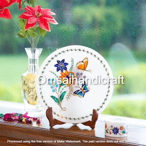 7&quot; White Marble Plate with Multi-Stone Butterfly Inlay Floral Art Luxury Dining Room plate For Home Décor Serving Platters, and Unique Gift