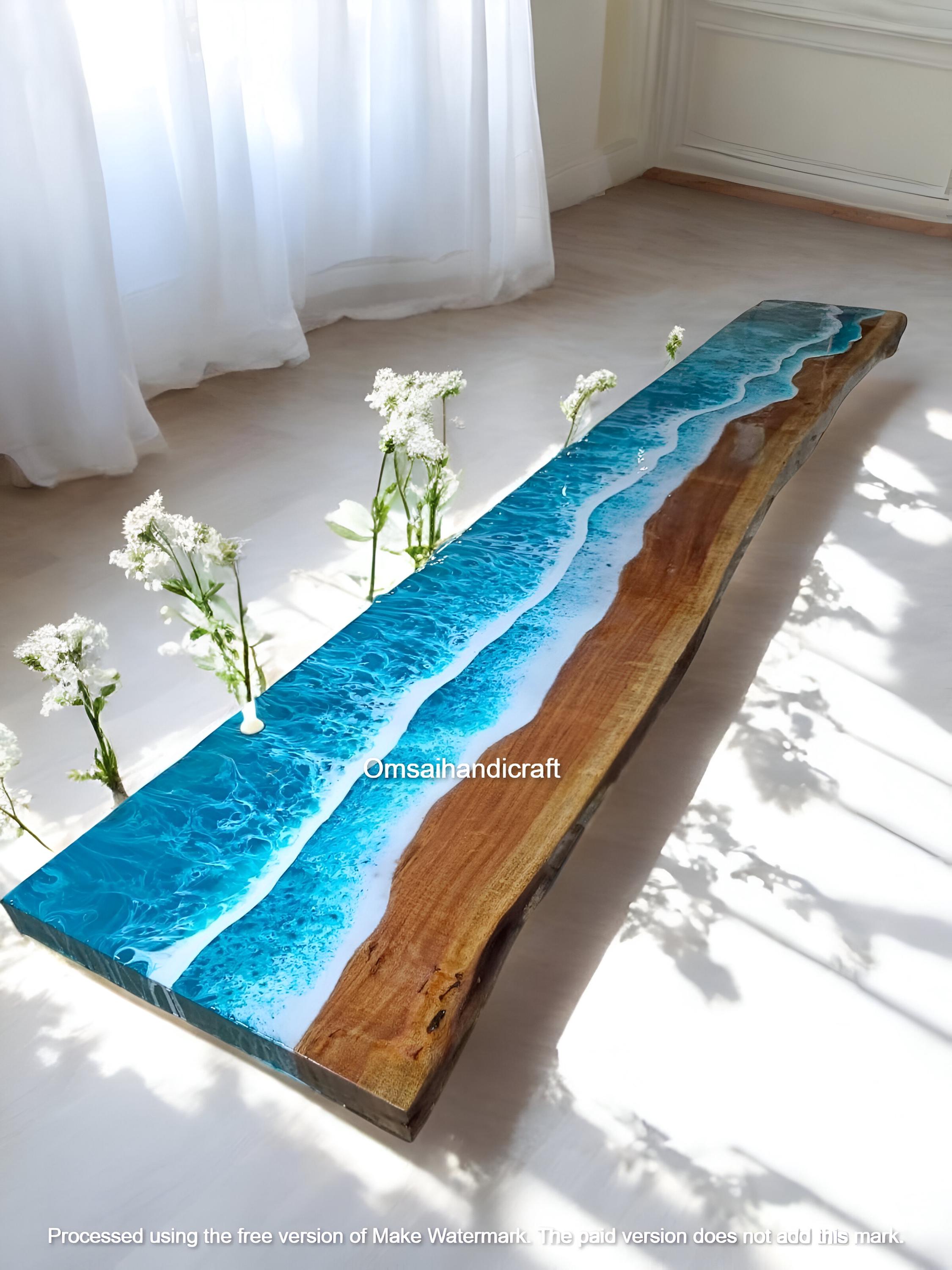Ocean Blue Epoxy Acacia Wood Table Top: Live Edge Resin River Desk - Etsy