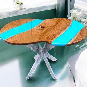 Handmade Blue Epoxy Resin River Table: Modern Oval Wood Accent Table