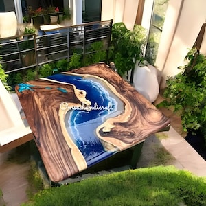 Made To Order Ocean Wave Epoxy Resin Coffee Table Top Natural Acacia Wooden Live Edge Kitchen Slab Furniture Modern Countertop Desk Home Dec