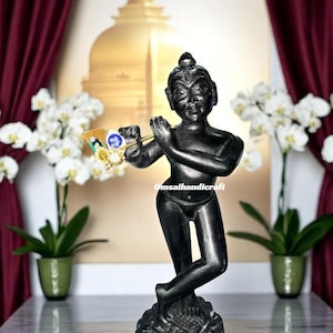 12&quot; Exquisite Black Marble Lord Krishna Sculpture – Spiritual Home Accent for Mandir, Festivals & Devotional Gift For Housewarming Decors