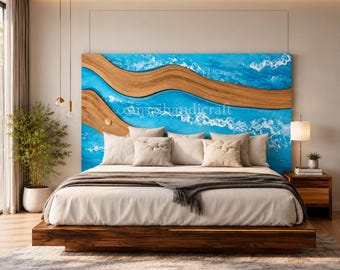 Luxury Sky Blue River Resin Headboard – Handmade Wooden Wave Bed Headboard Wall Panel for Modern Bedroom
