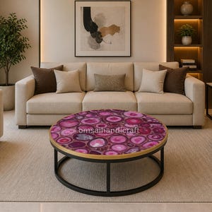 Pink Agate Round Coffee Table, Luxury Gemstone Table, Modern Designer Center Table, Handmade Stone Furniture Decor