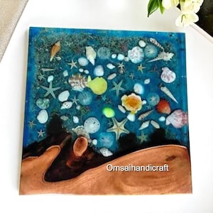 Epoxy Resin Coffee Table: Acacia Wood, Seashell Design, Modern Living Room