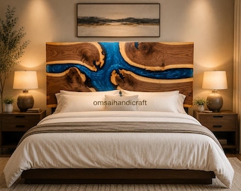 Testiera di lusso in resina epossidica Blue River / Testiera per letto in legno e resina realizzata a mano / Pannello murale moderno per camera da letto