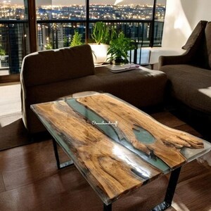 Handmade Epoxy Resin River Dining Table: Live Edge Walnut, Custom Metal Stand