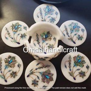 4" White Marble Coaster Set Abalone Shell Inlay Art Work Top Handmade Coaster Set Modern Dining Table Tea Coaster Set Kitchen & Gift Decors