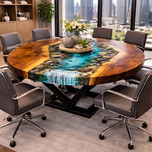 May include: An oval wooden table with a central river design made of epoxy resin. The table is surrounded by six gray office chairs. The table's base is black, and a cityscape is visible through a large window in the background.