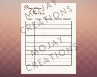 May include: A printable migraine tracker with a white background and black grid lines. The tracker has columns for date, time, symptoms, scale 1-10, and treatment. The text "Migraine Tracker" is at the top of the page, and the text "Editable Digital Tracker" is below it. The text "Download Now" is at the bottom of the page.