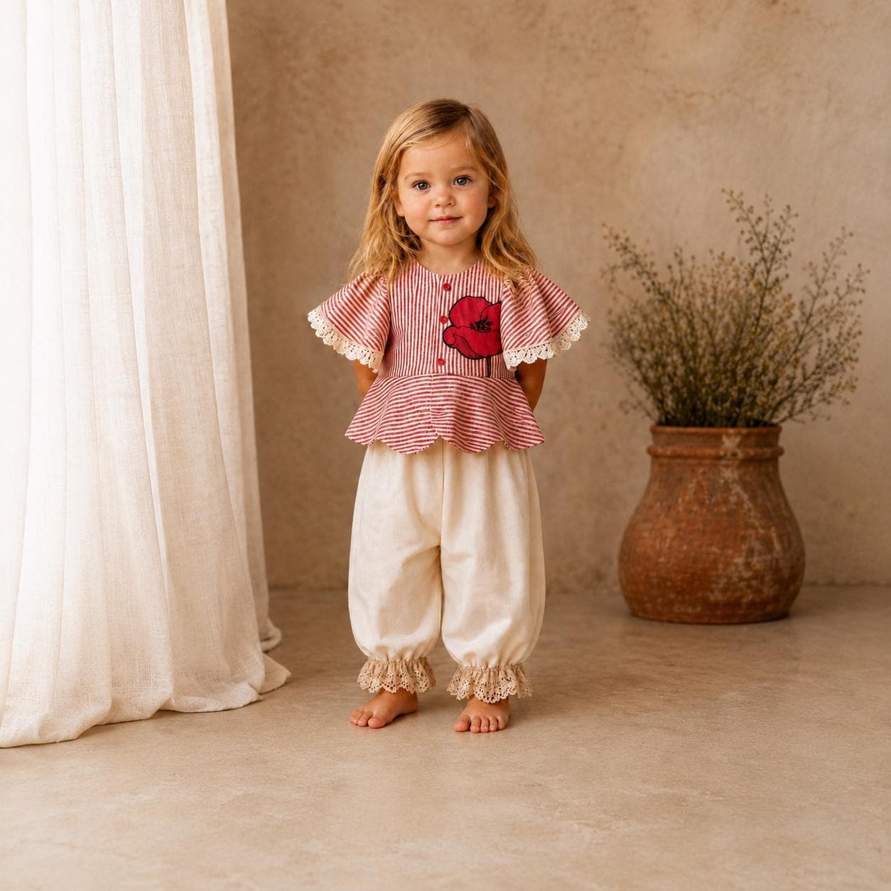 Toddler girl's striped blouse top with poppy appliqué, size 86/92 (2 years).