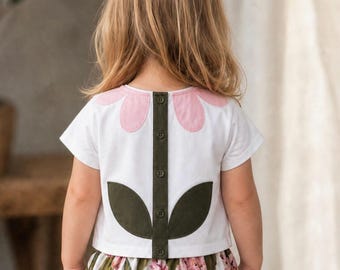 Top para niña pequeña, blanco con apliques florales, talla 86/92, 2 años.