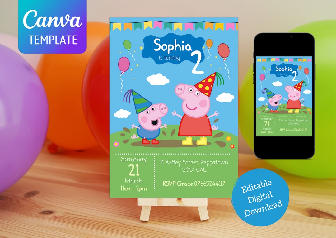 Peppa Pig Invitation Canva Template Digital Birthday - Etsy