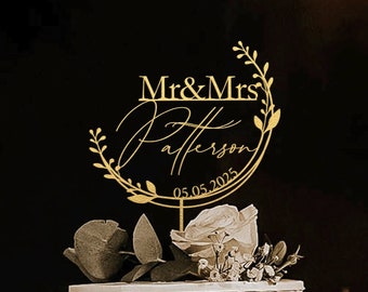 Topper per torta floreale per matrimonio, topper per torta nuziale personalizzato, topper per torta dorato con ghirlanda, topper per torta con nome personalizzato