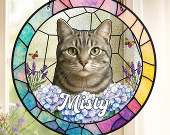 Acchiappasole in vetro colorato con ritratto di gatto, vetro colorato commemorativo per animali domestici, regalo per la perdita di un gatto, ritratto personalizzato di un animale domestico, vetro colorato commemorativo per gatti