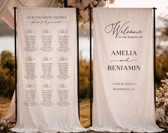 Tableau de mariage in tessuto, cartello di benvenuto per il matrimonio, striscione per il matrimonio, decorazioni moderne per il matrimonio, set personalizzato di tableau de mariage e cartello di benvenuto in lino.