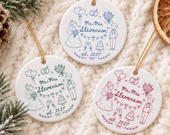 Personalized Christmas Gift for Couple, Mr and Mrs Ornament, Newlyweds Gift, Christmas Ceramic Ornament, Gift for Husband Wife
