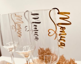 Name drinking tags made of acrylic, Customized with a heart shape, Available in different materials