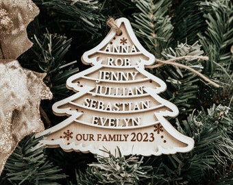 May include: A wooden Christmas tree ornament with the names "Anna, Rob, Jenny, Julian, Sebastian, Evelyn" and the text "Our Family 2023".