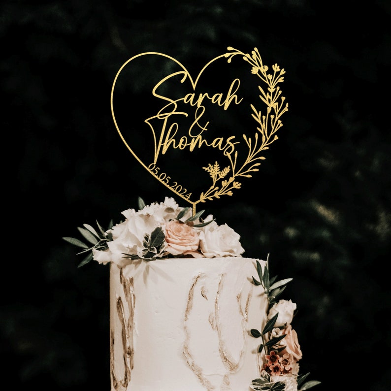 Topper de pastel de oro con corazón, topper de pastel de corazón, toppers de pastel de boda, topper de pastel de boda, topper de pastel Mr MRs, rústico, topper de pastel personalizado Gold