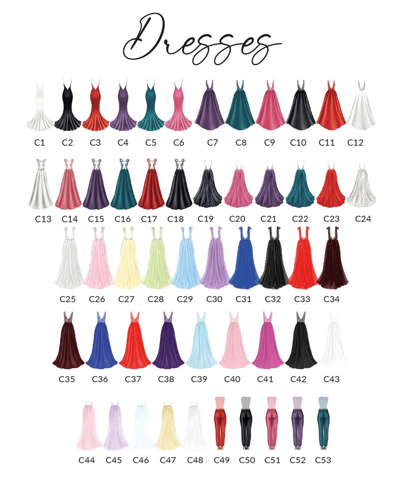 May include: A chart of 53 different dress designs, labeled with numbers C1 through C53. The dresses are in various colors, including white, pink, red, blue, green, purple, and black.