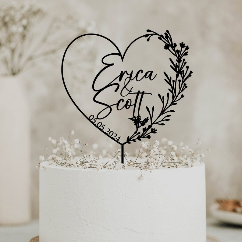 Gouden taart topper met hart, hart taart topper, bruidstaart toppers, bruidstaart topper, heer heer taart topper, rustiek, gepersonaliseerde taart topper Black