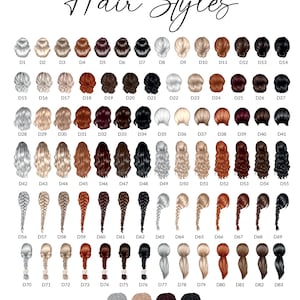 May include: A chart of 87 different hairstyles for women. The hairstyles are numbered D1 through D87. The hairstyles are all different colors and styles, including blonde, brown, black, red, and gray. The hairstyles are all in a row, and the chart is labeled "Hair Styles".