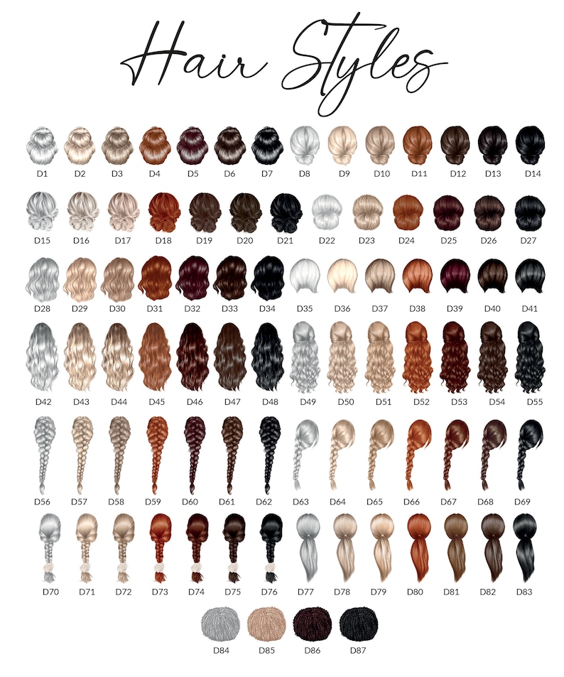 May include: A chart of 87 different hairstyles for women. The hairstyles are numbered D1 through D87. The hairstyles are all different colors and styles, including blonde, brown, black, red, and gray. The hairstyles are all in a row, and the chart is labeled "Hair Styles".