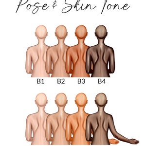 May include: Eight illustrations of a person's back, showing different skin tones. The illustrations are labeled B1 through B8. The person is facing away from the viewer with their arms at their sides. The illustrations are arranged in two rows of four.