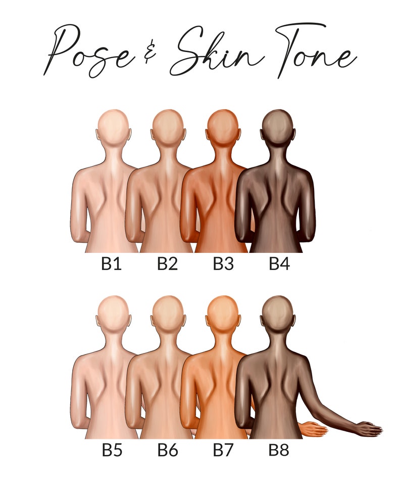 May include: Eight illustrations of a person's back, showing different skin tones. The illustrations are labeled B1 through B8. The person is facing away from the viewer with their arms at their sides. The illustrations are arranged in two rows of four.