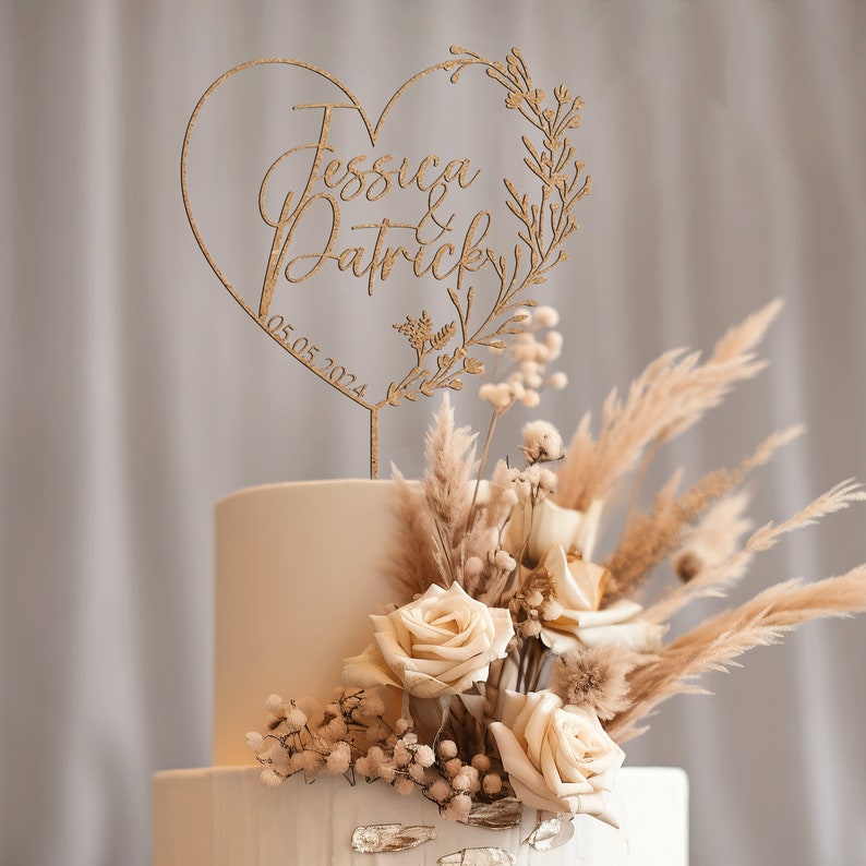 Gold Cake Topper with Heart, Heart cake topper, Wedding cake toppers,Wedding cake topper,Mr MRs Cake topper, Rustic,Personalized cake topper zdjęcie 7