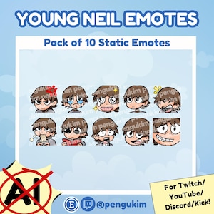 Puede incluir: Un paquete de 10 emoticonos estáticos que muestran un personaje de dibujos animados con diversas expresiones. El texto "YOUNG NEIL EMOTES" y "Pack of 10 Static Emotes" es visible. La imagen también incluye identificadores de redes sociales.