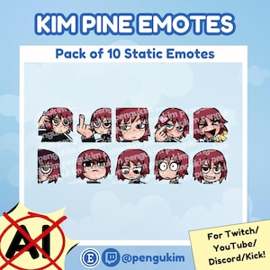 May include: A pack of 10 static emotes featuring a cartoon character with red hair and various facial expressions. The text "KIM PINE EMOTES" and "Pack of 10 Static Emotes" are displayed at the top. The bottom right corner has text that says "For Twitch/YouTube/Discord/Kick!"