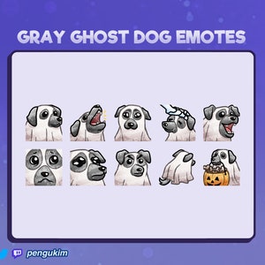 Pacote de 10 gestos de cachorro fantasma cinza fofo | Emotes para Twitch, Discord, Youtube, YT, Facebook, Kick | Conjunto de emotes fantasmas assustadores de Halloween Kawaii