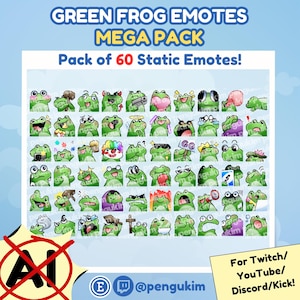 60 Green Frog MEGA PACK of Static Emotes for Twitch YouTube Discord Facebook Kick | Funny Cute Kawaii Froggy Animal Premade Asset Pack