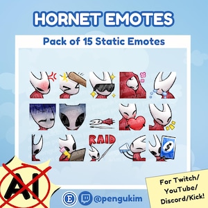 Puede incluir: Un conjunto de 15 emotes estáticos de Hornet, que representan un personaje blanco con una capa roja, expresando diversas emociones. Los emotes incluyen expresiones de enfado, alegría y tristeza. El texto dice "HORNET EMOTES" y "Pack of 15 Static Emotes".
