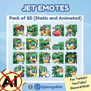 Pode incluir: Um conjunto de 20 emotes Jet estáticos e animados, apresentando um personagem verde com óculos e cabelo espetado, expressando várias emoções. O texto diz "JET EMOTES" e "Pack of 20 (Static and Animated)". Inclui identificadores de mídia social.