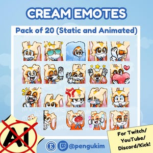 May include: A digital art graphic featuring 20 Cream the Rabbit emotes. The emotes display various expressions and actions, including wearing sunglasses, waving, and holding a heart. Text at the top reads "CREAM EMOTES" and "Pack of 20 (Static and Animated)".