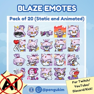 Puede incluir: Un paquete de 20 emotes de Blaze, estáticos y animados, que muestran al personaje en diversas expresiones. La imagen incluye el texto "BLAZE EMOTES" y "Pack of 20 (Static and Animated)". Los emotes están diseñados para Twitch, YouTube, Discord y Kick.
