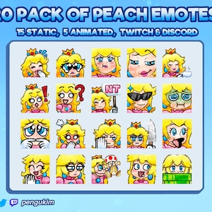 20+ Princess Peach Emotes Animiert & Statisch für Twitch / YouTube / Discord / Facebook / Kick | Super Mario Bros |  Smash Brothers | Retro