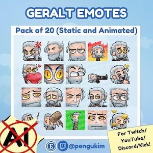 Peut inclure: Ensemble de 20 emotes Geralt statiques et animées, présentant diverses expressions et poses. L'image comprend le texte "GERALT EMOTES" et "Pack of 20 (Static and Animated)". Comprend également le texte "For Twitch/YouTube/Discord/Kick!"