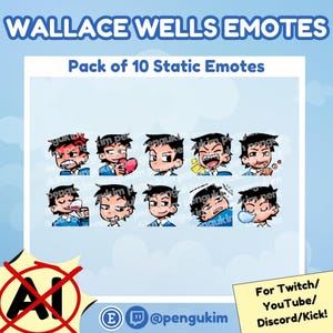 Puede incluir: Un paquete de arte digital de 10 emotes estáticos que presenta un personaje de dibujos animados con varias expresiones. Los emotes son para Twitch, YouTube, Discord y Kick. Se muestra el texto "WALLACE WELLS EMOTES" y "Pack of 10 Static Emotes".