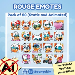 Puede incluir: Gráfico de arte digital con 20 emotes estáticos y animados del personaje Rouge. Los emotes muestran varias expresiones y están diseñados para su uso en plataformas como Twitch, YouTube, Discord y Kick. El texto "ROUGE EMOTES" está en la parte superior.
