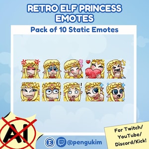 May include: A pack of 10 static emotes featuring a retro elf princess with blonde hair and various facial expressions. The text "RETRO ELF PRINCESS EMOTES" and "Pack of 10 Static Emotes" are displayed at the top. The image is marked as not AI generated.