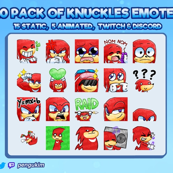 20+ Knuckles the Echidna STATIC + ANIMATED Emotes for Twitch, YouTube, Discord (Ready to Use!)