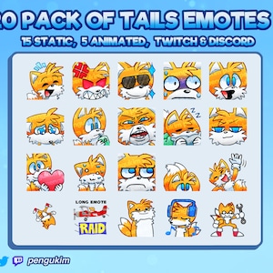 Può includere: Un set di 20 emote animate e statiche con un personaggio di volpe dei cartoni animati con uno schema di colori giallo e arancione. Le emote sono etichettate "20 Pack of Tails Emotes" e "15 Static, 5 Animated, Twitch & Discord".