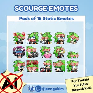 May include: A pack of 15 static emotes featuring a green hedgehog character with red glasses. The emotes display various expressions and actions, with the text "SCOURGE EMOTES" at the top. Includes the text "RAID" and social media handles.