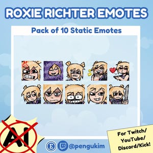 May include: A digital art pack of 10 static emotes featuring a blonde character with various expressions, including anger, joy, and love. The text "ROXIE RICHTER EMOTES" and "Pack of 10 Static Emotes" are displayed at the top. The bottom right corner has the text "For Twitch/ YouTube/ Discord/Kick!"