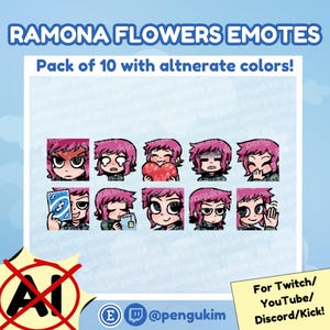 10 Ramona Flowers Emote Pack for Twitch YouTube Discord Facebook Kick | Chibi Comic Book Scott Pilgrim vs The World Takes Off The Game EX