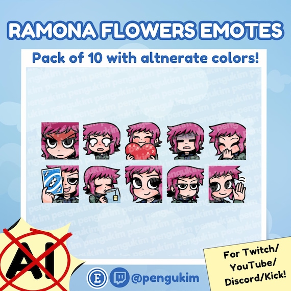10 Ramona Flowers Emote Pack for Twitch YouTube Discord Facebook Kick | Chibi Comic Book Scott Pilgrim vs The World Takes Off The Game EX