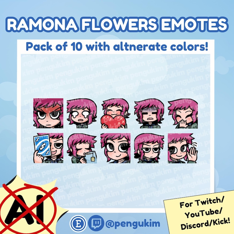 10 Ramona Flowers Emote Pack for Twitch YouTube Discord Facebook Kick | Chibi Comic Book Scott Pilgrim vs The World Takes Off The Game EX image 1